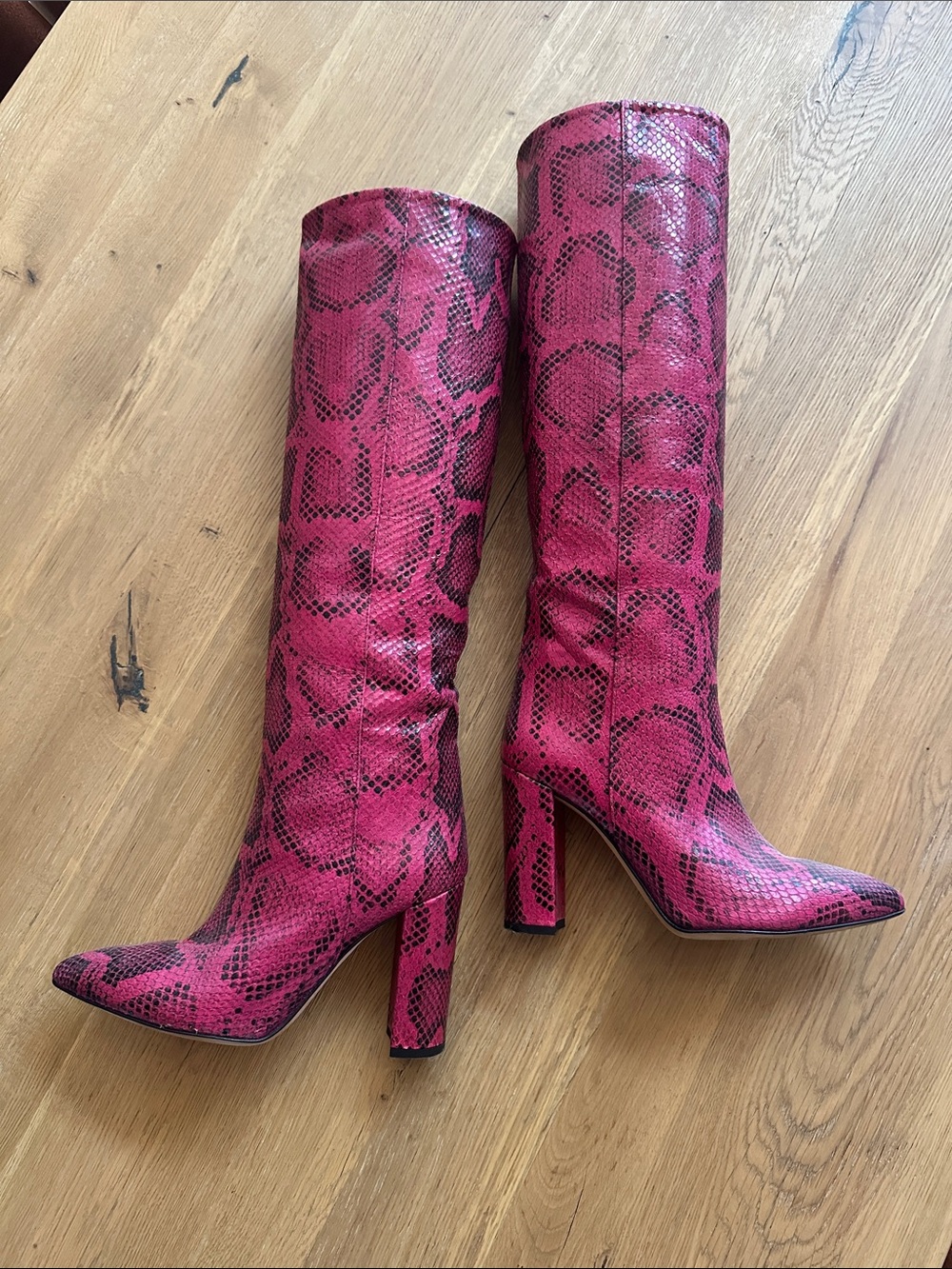Paris Texas Pink Snake-Print Knee-High Block Heel Boots